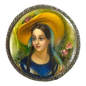 Vintage Hand Painted Portrait Artist Signed Girl Braids Brooch Pin With Frame